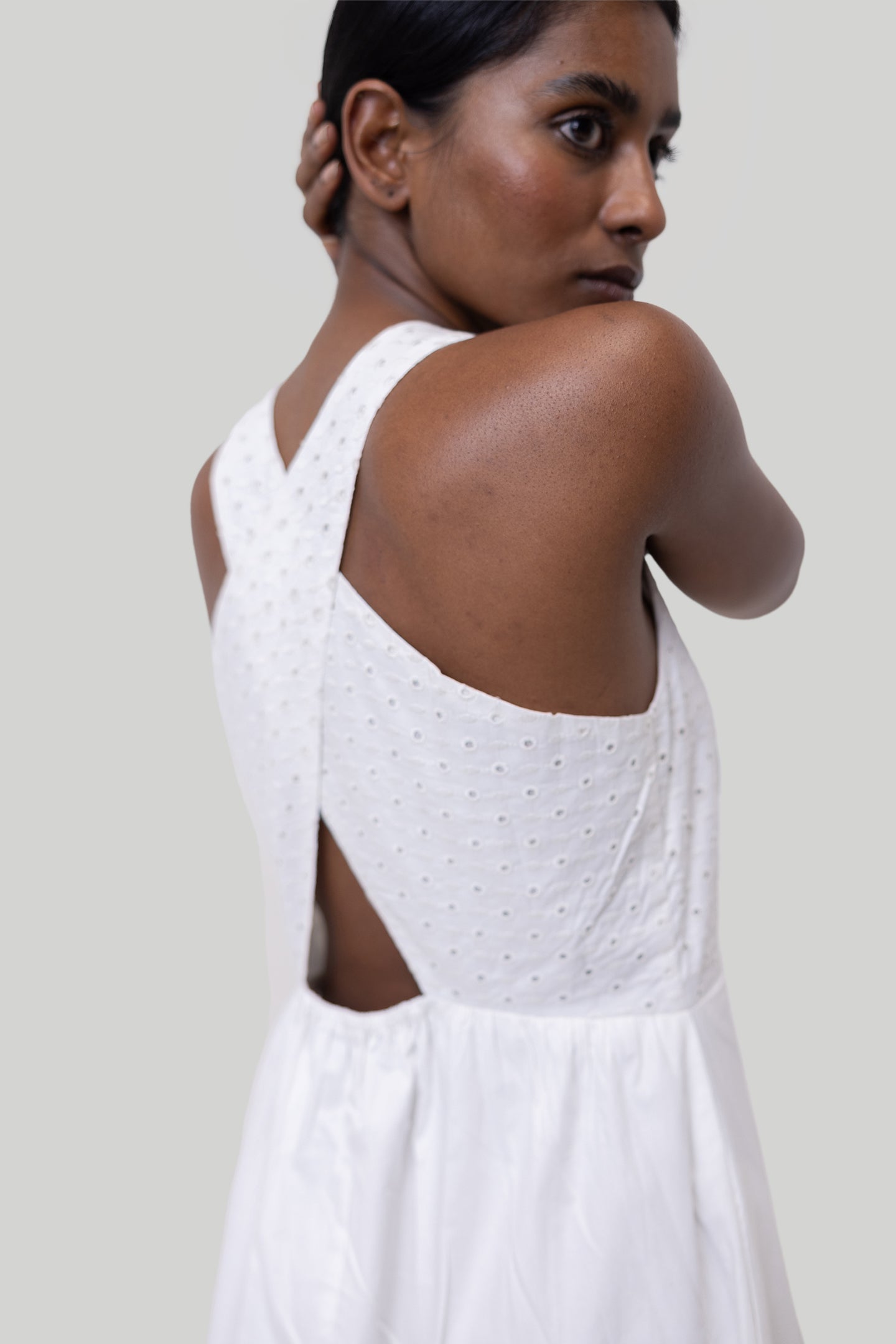 Crossback Midi Dress in Eyelet Embroidery