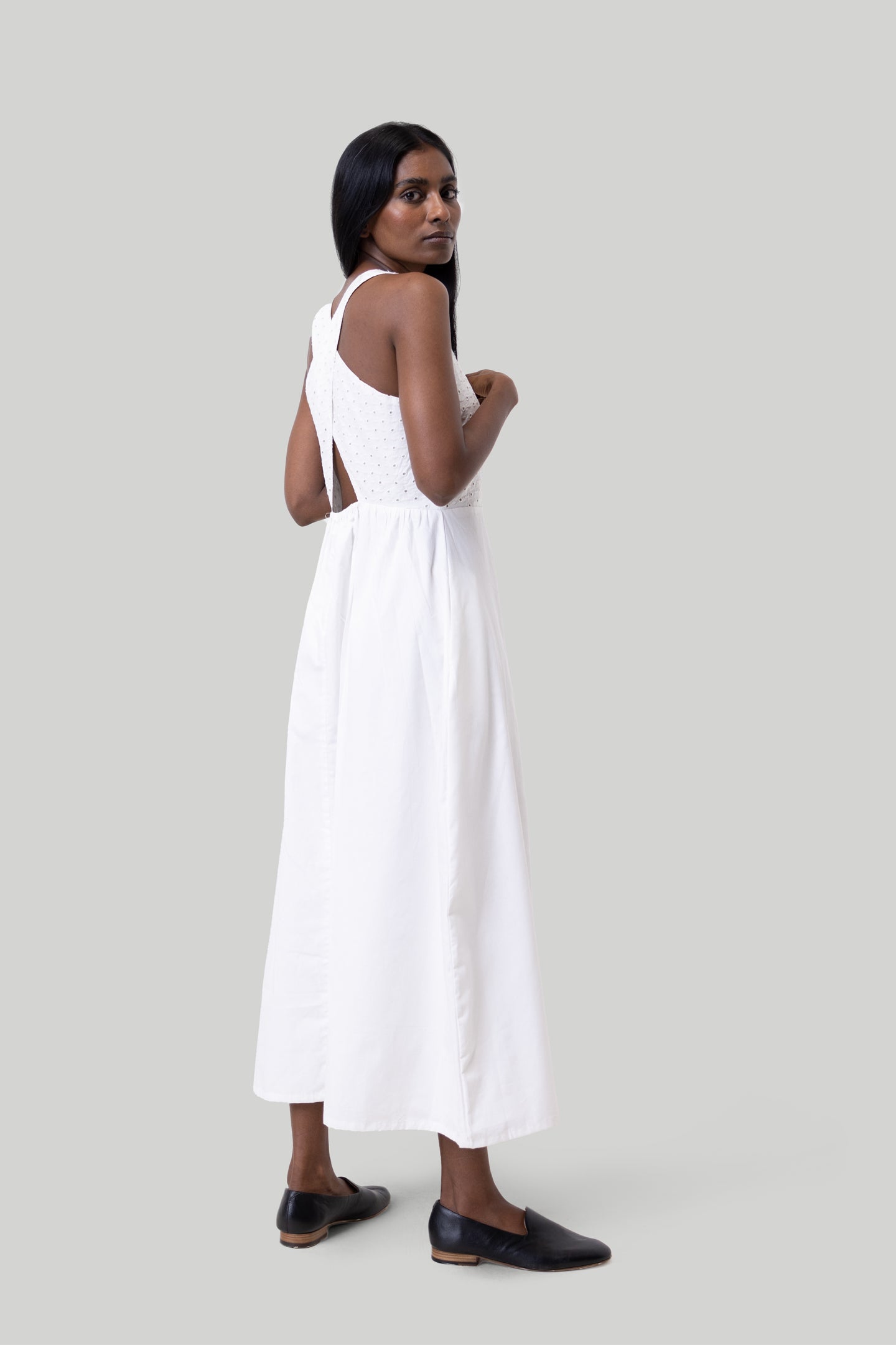 Crossback Midi Dress in Eyelet Embroidery